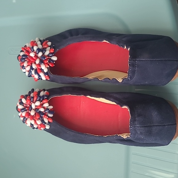 Carolina Herrera Blue Suede Red/White/Red Decorative Bow Flat Shoes Size 38/7.5 - Picture 4 of 8